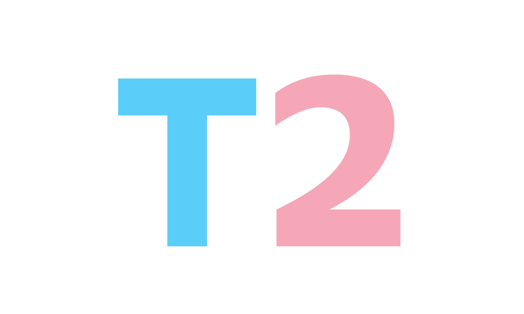 The T2 logo in light blue and pink
